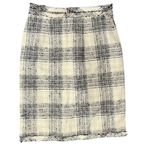 The Fold London Black Beige Tweed Plaid Midi Fringe Pencil Skirt Sz 8 US / 12 UK - Picture 1 of 9